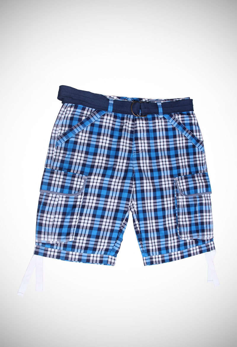 Soft yarn dyed check men’s cargo shorts with a cotton webbing belt