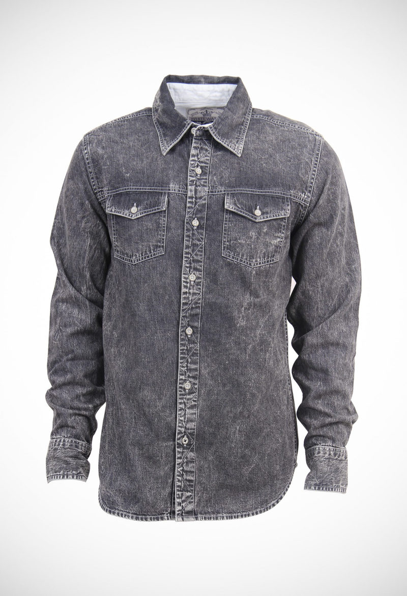 Grey 6.5 oz denim shirt with heavy stone oxy bleach wash and fancy metal buttons