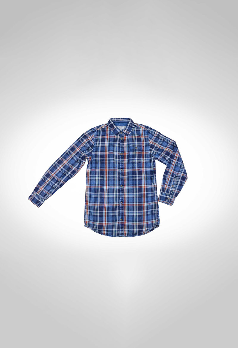 100% cotton yarn dyed indigo boys shirt with heavy enzyme wash