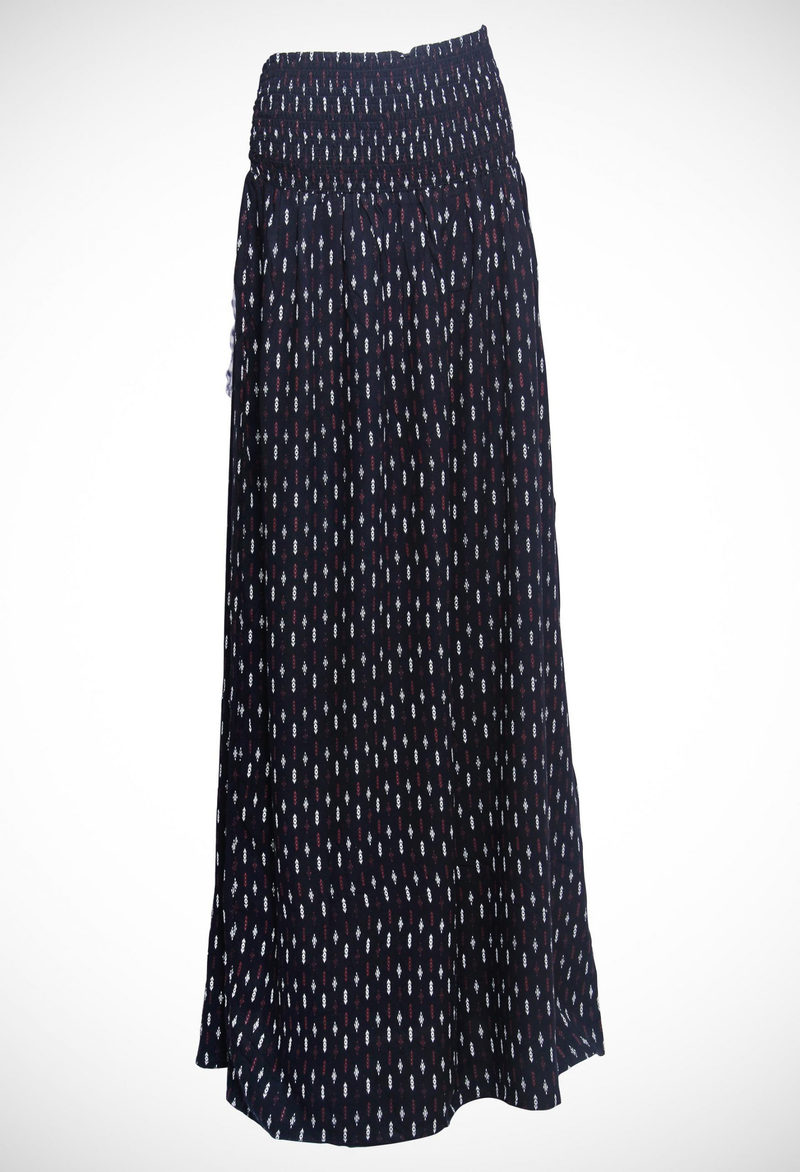 Allover printed long skirt in 60’s modal with a smocked tall waistband