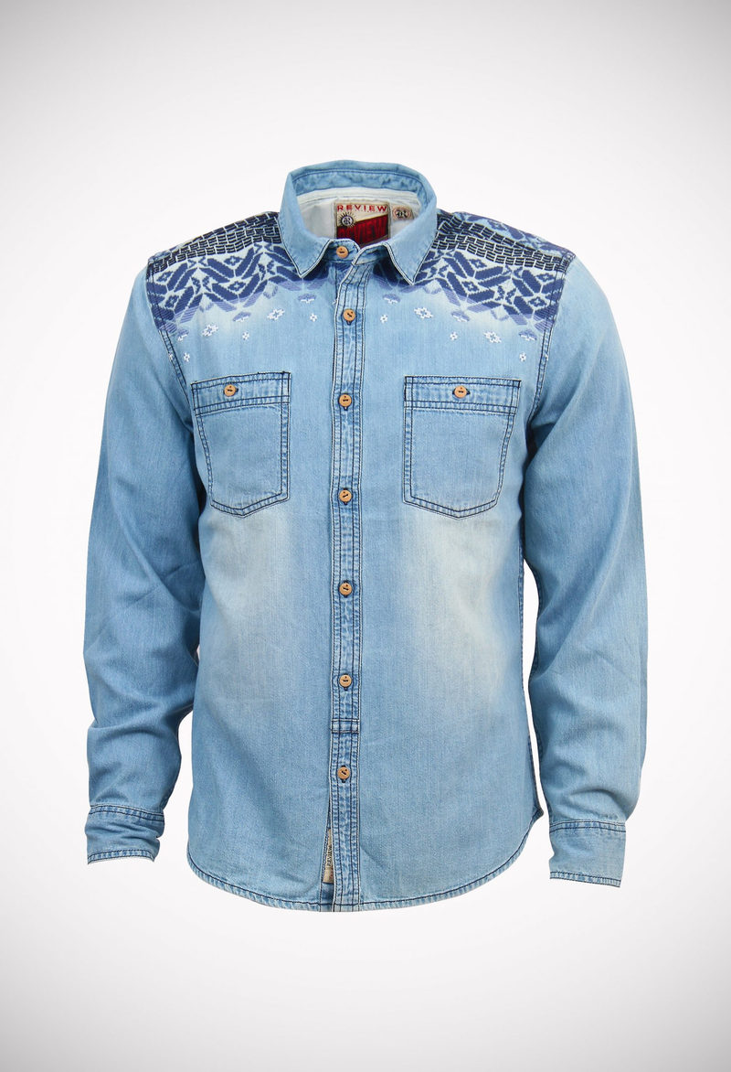 A 6.5 oz bleached denim shirt with heavy embroidery at front and back yoke