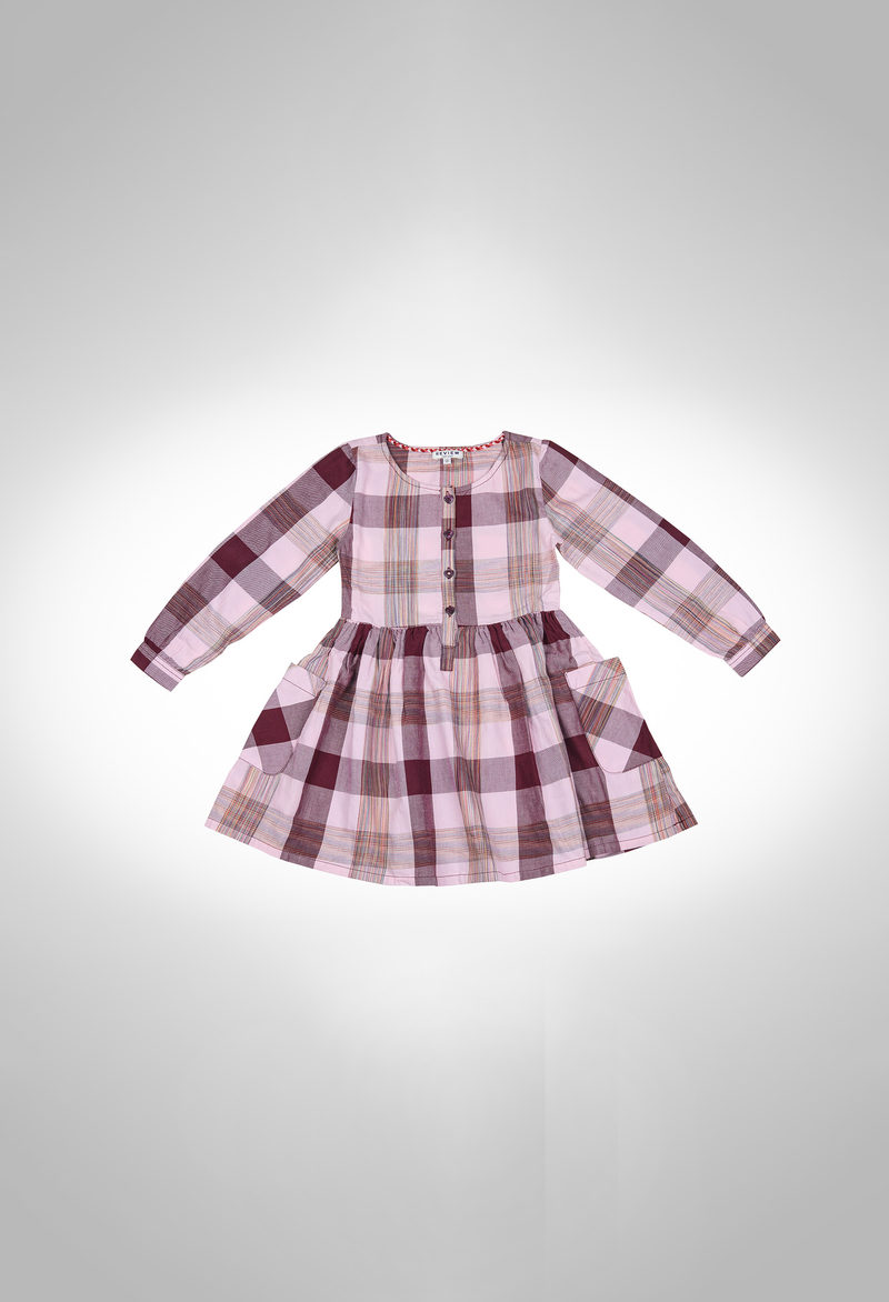 Girls yarn dyed cotton dress with tie dye pattern in the checks