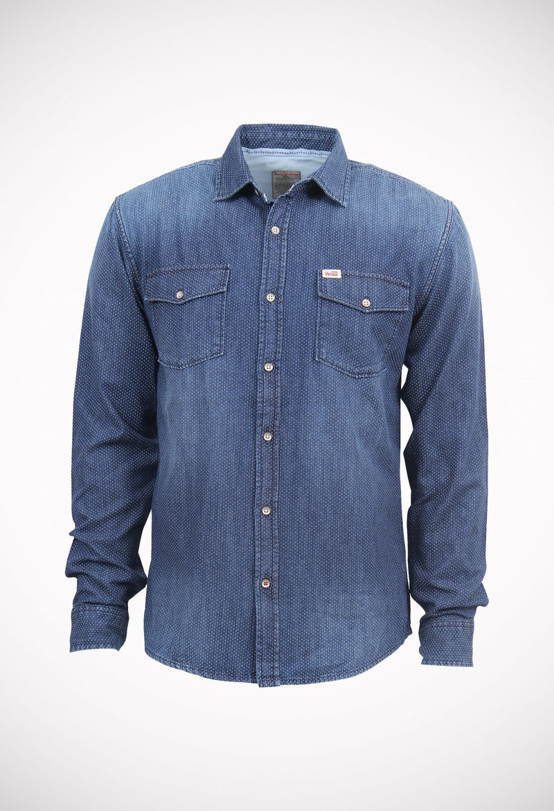 Regular fit 6.5 oz minimal printed denim shirt with a cool enzyme wash & spray