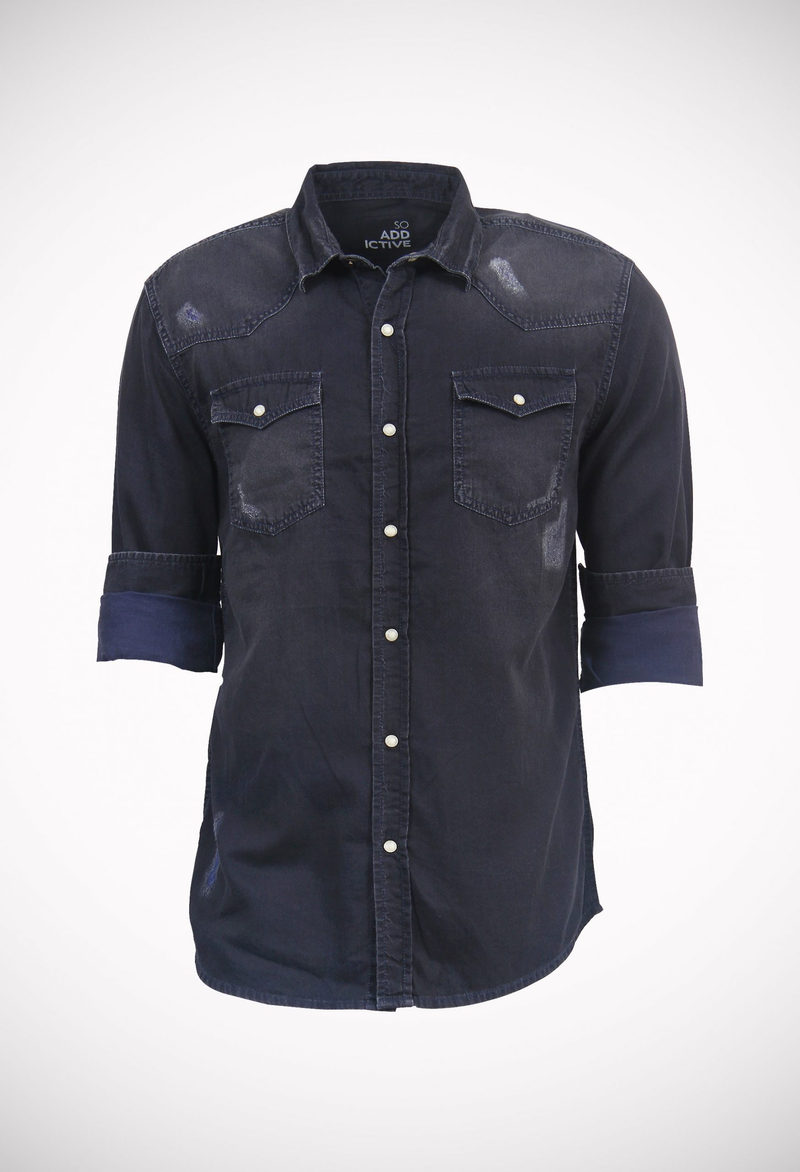 Weft dyed 6 oz black denim shirt with grinding and heavy wash & spray