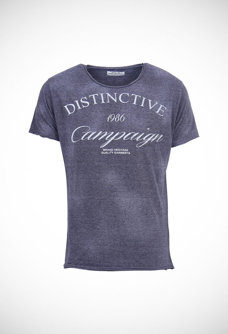 Spot sprayed 130 gsm melange jersey tee with raw edges, water base print
