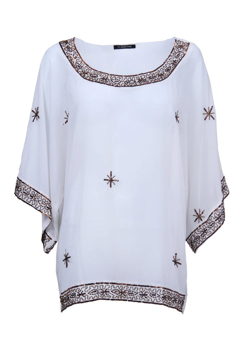 Over sized chiffon top in 100% polyester with sequins and bead arrangements