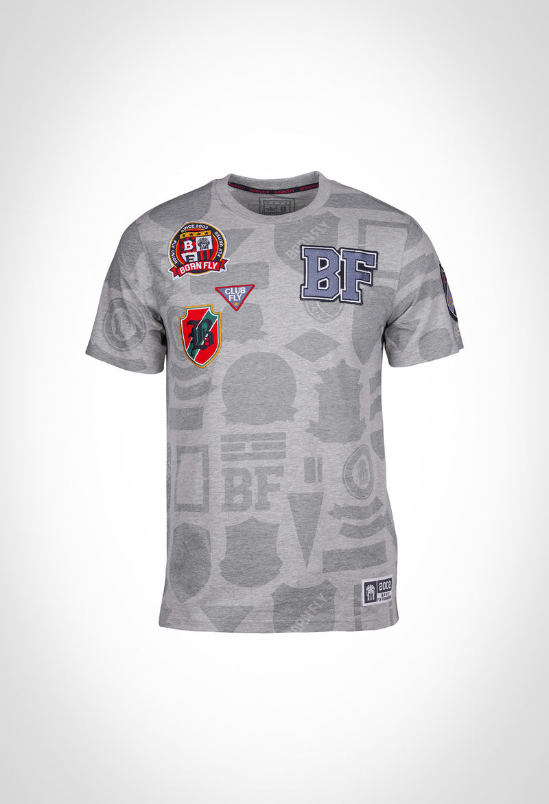 190 gsm cotton poly jersey aop tee with applique patches