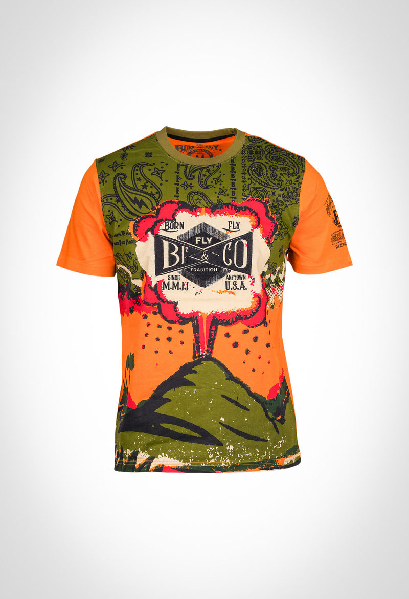 190 gsm cotton jersey tee with engineered print & embroidery front panel
