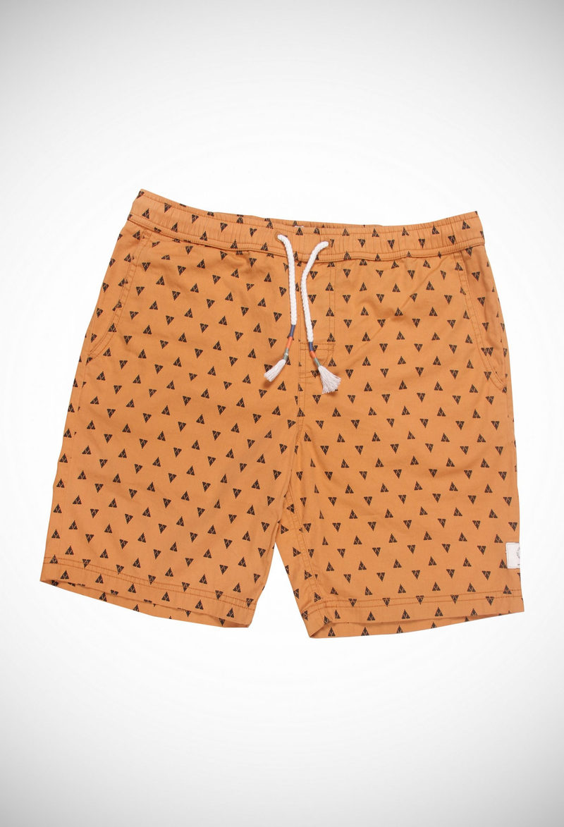A fine twill allover printed shorts with heavy enzyme wash