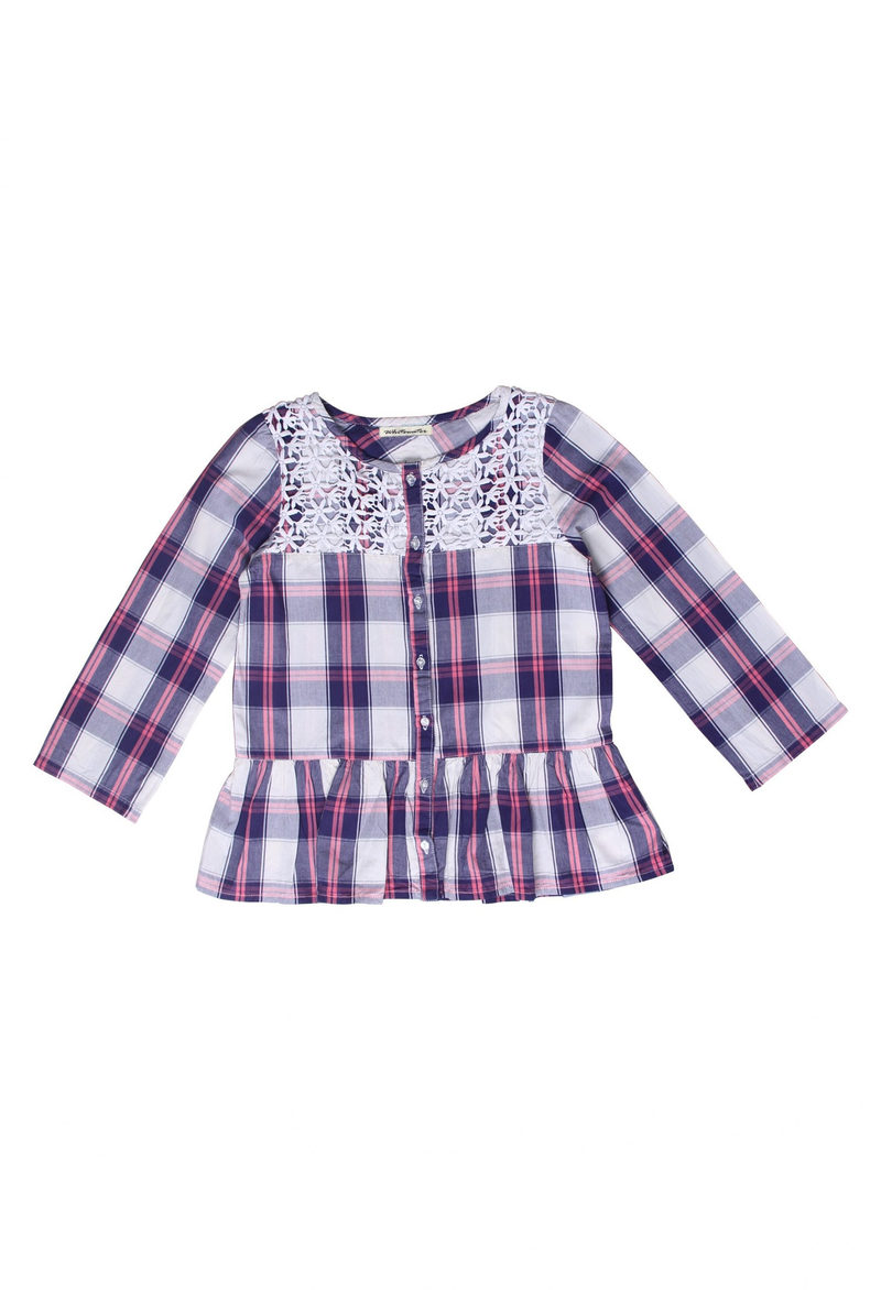 Girl’s blouse in 100% cotton soft poplin vichy check with a lace decoration