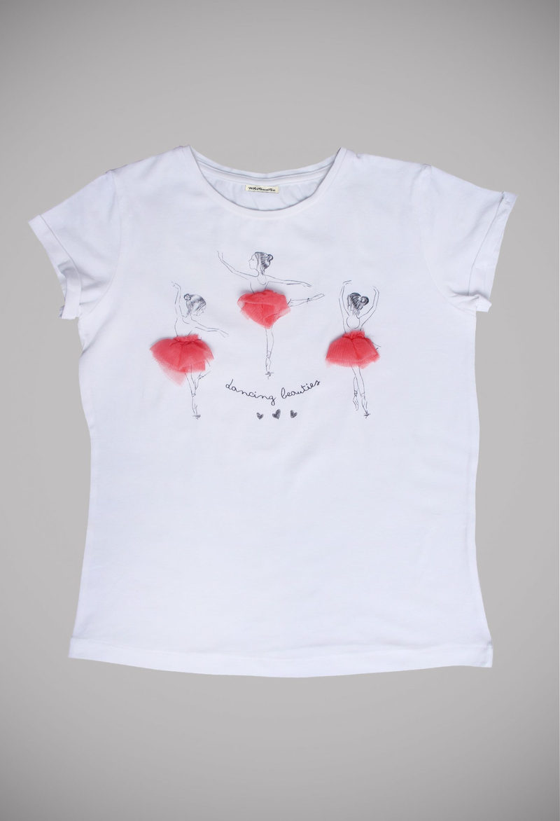 Supersoft cotton elastane jersey girl’s tee with a chest print & mesh applique