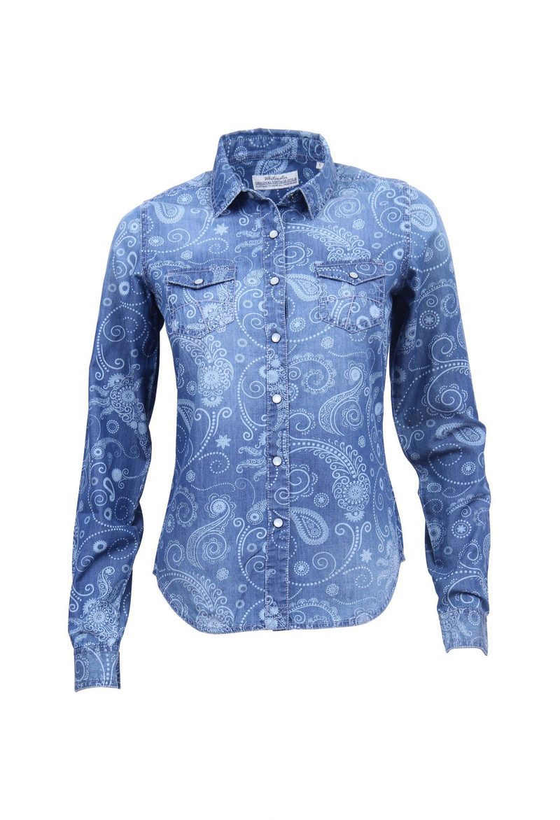 Allover paisley printed cotton elastane denim blouse