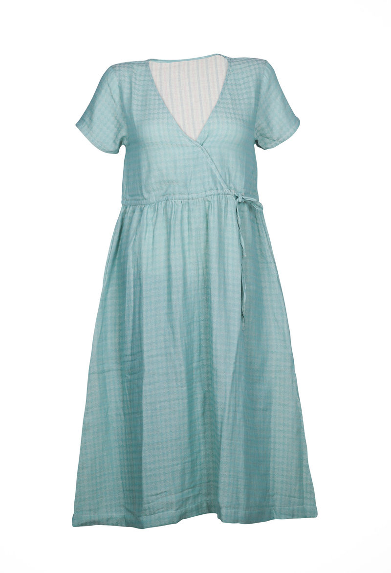 Deep v neck dress 100 % organic cotton yarn dyed double gauze dobby fabric