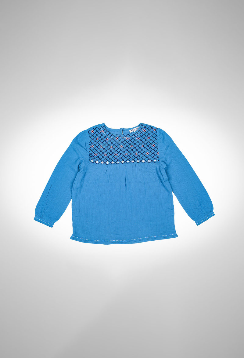 Girls woven top in cotton crepe with embroidered chest panel
