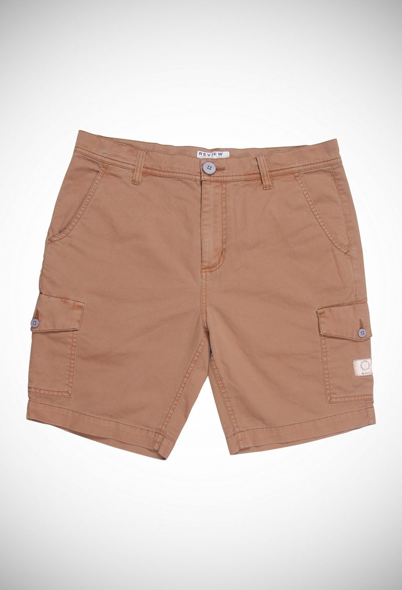 A heavy twill cargo shorts, garment over dyed and heavy enzyme washed