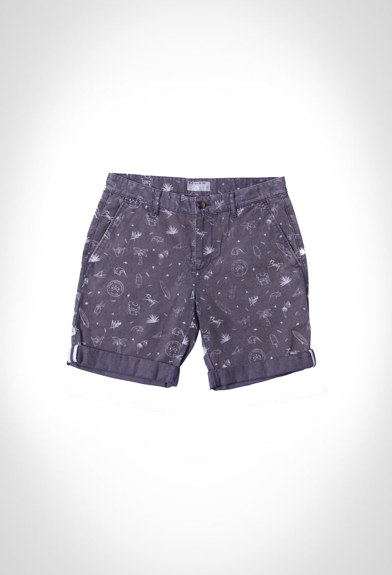 All over printed twill shorts with heavy stone enzyme wash