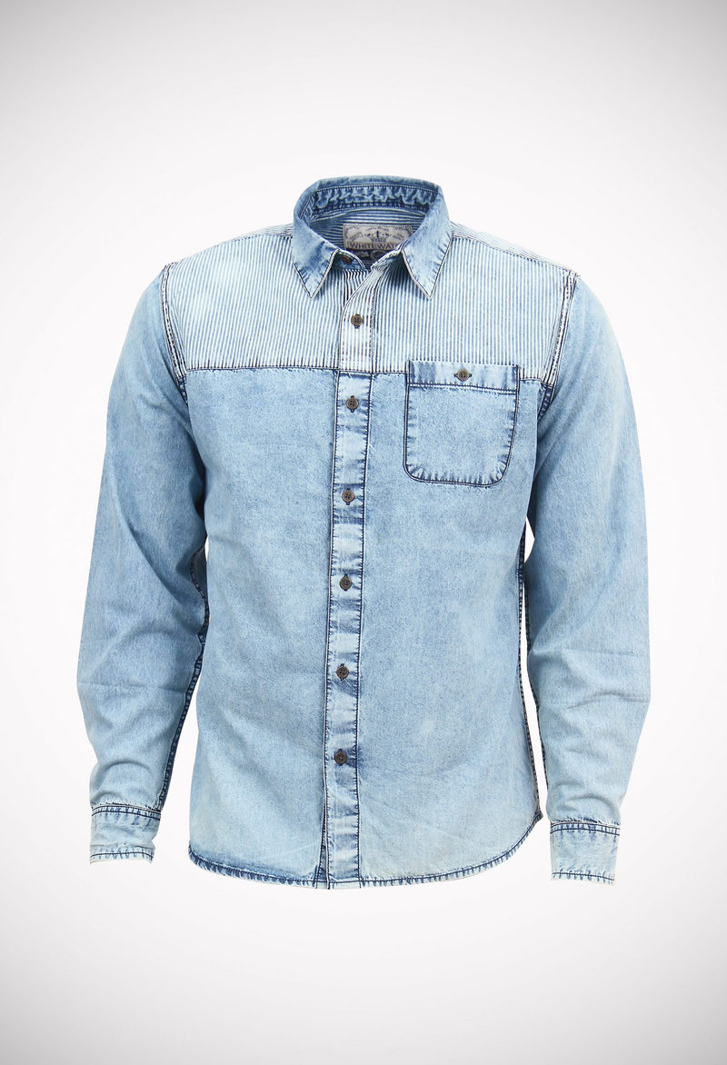 Cut & sew 5.5 oz denim shirt with printed yoke, oxy bleached and sprayed
