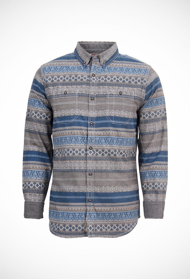 100% cotton cool chambray shirt with inca allover print, enzyme washed
