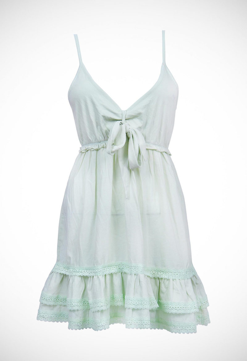 Short length v-neck strappy dress with tiered hem decorated with bobbin lace
