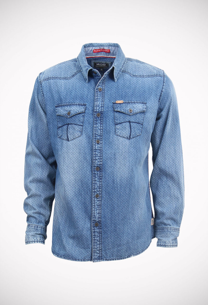 An allover printed 6.5 oz denim shirt, sprayed & bleached with metal buttons