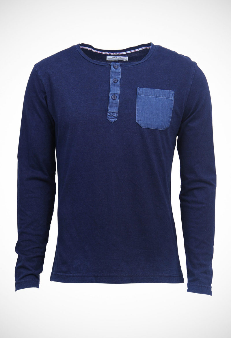 Indigo 160 gsm jersey serafino with a bleached woven denim placket & pocket