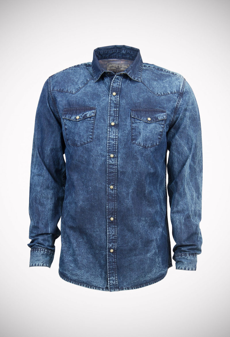 Stone oxy bleach washed 5.5 oz denim shirt with marble effect snap buttons