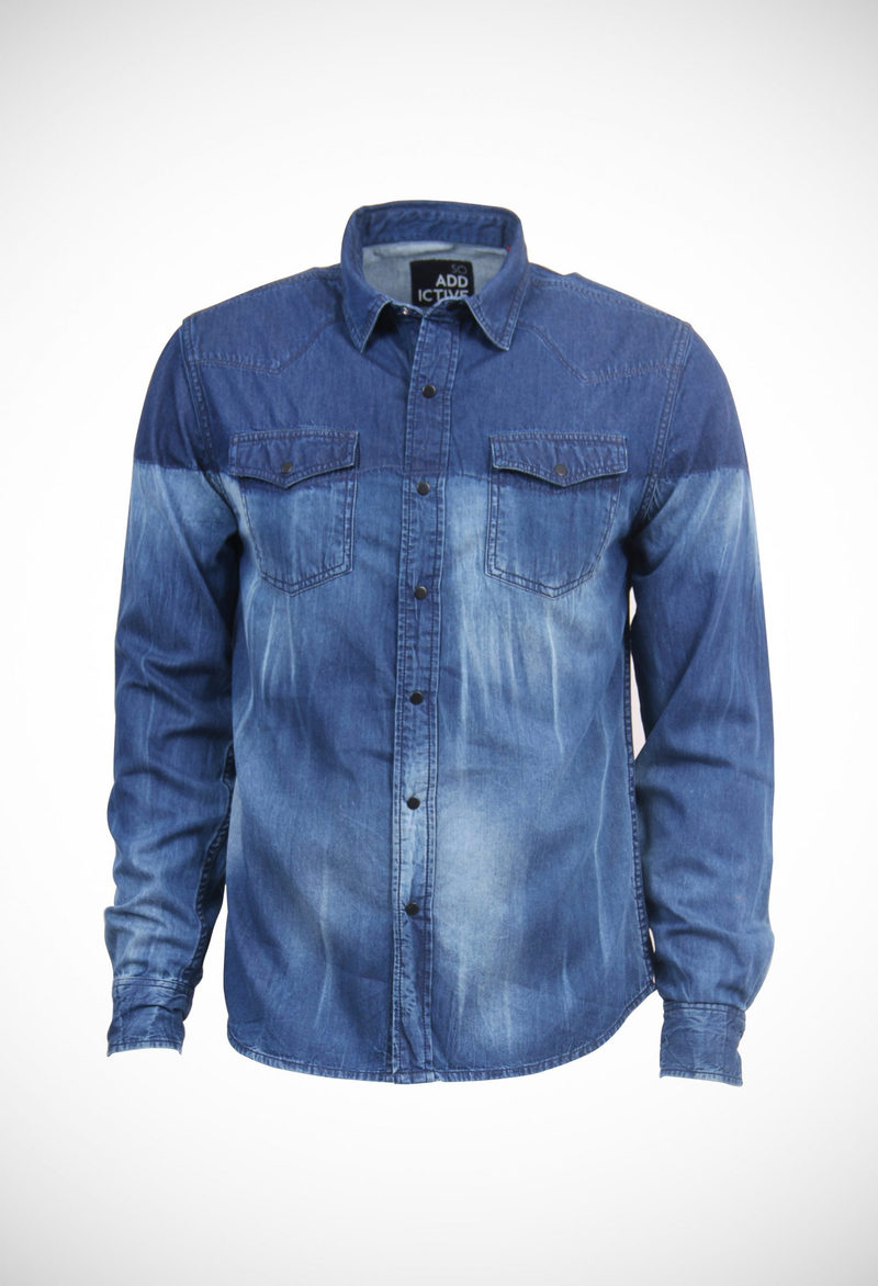 Two tone 5.5 oz denim shirt with stripey bleach effect and black press buttons