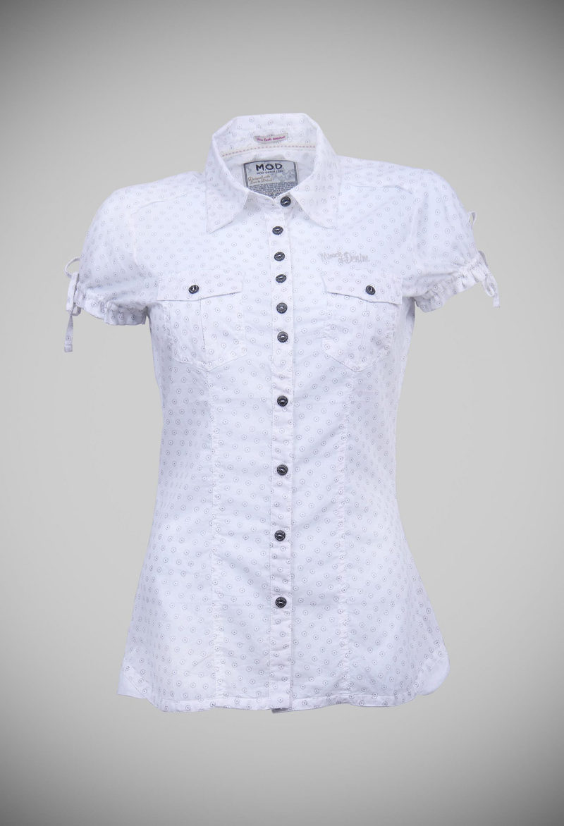 Allover printed 100% cotton voile blouse with fancy arrangement of metal buttons