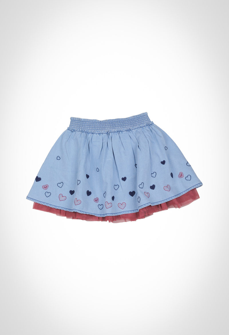 Embroidered girls denim skirt layered with polyester mesh lining