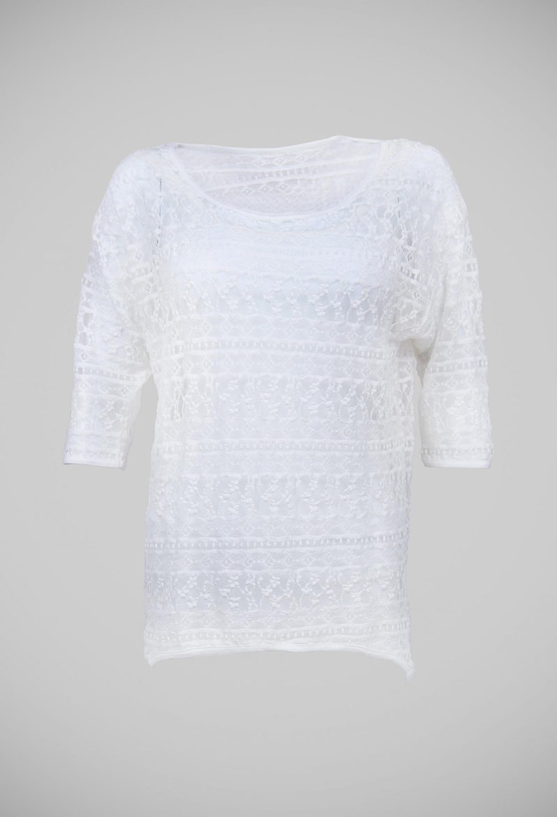 Relaxed fit top in 100% nylon lace fabric, softner washed