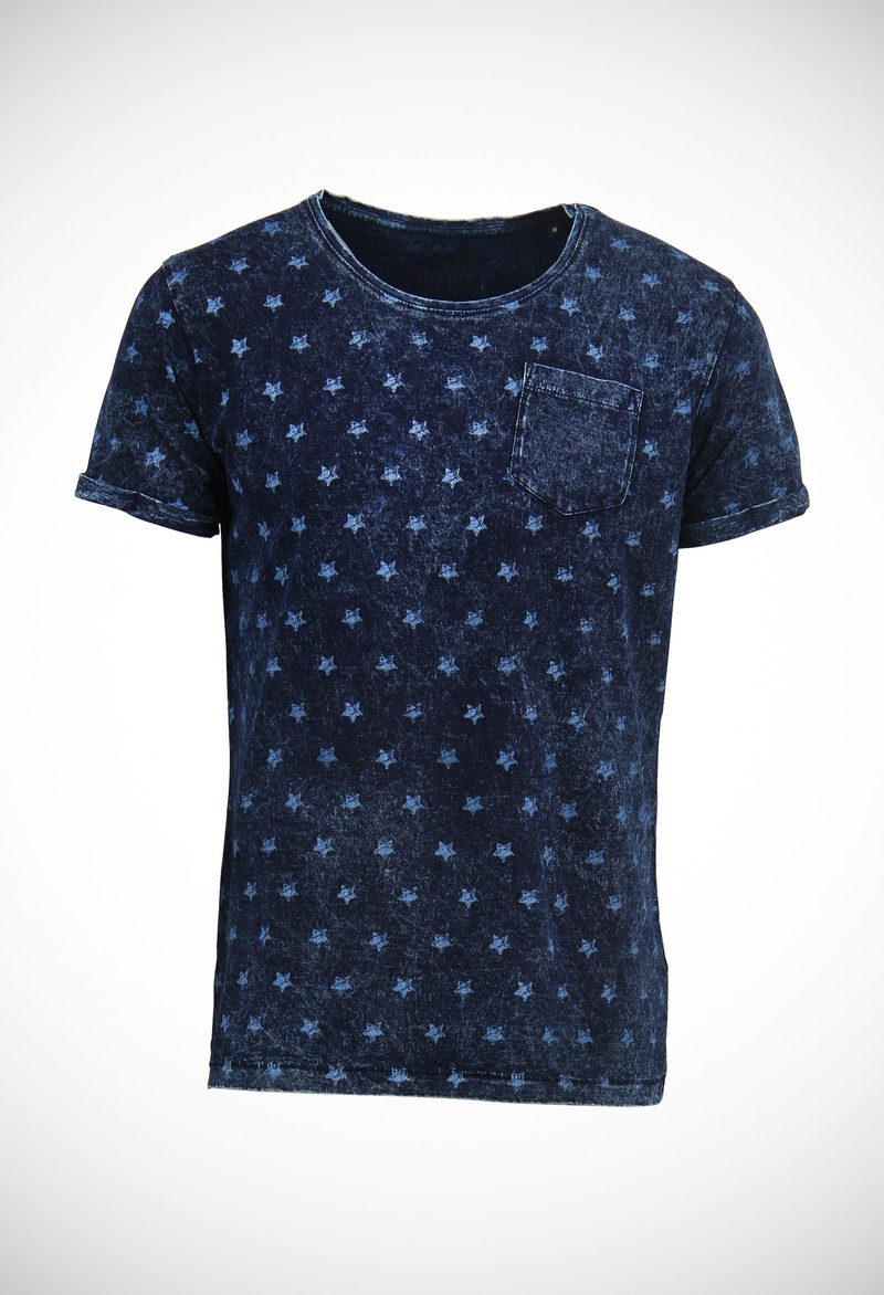 Allover star print 160 gsm denim jersey, cross solid pocket